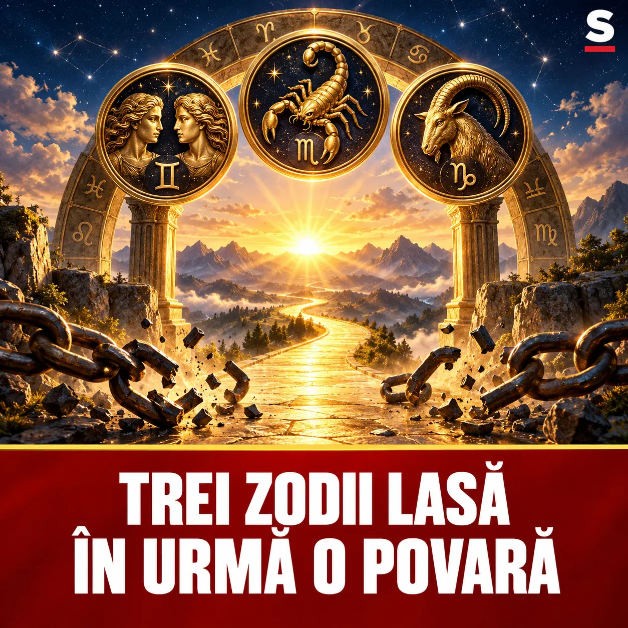 Un drum luminos lasă în urmă lanțuri vechi, sub trei medalioane zodiacale
