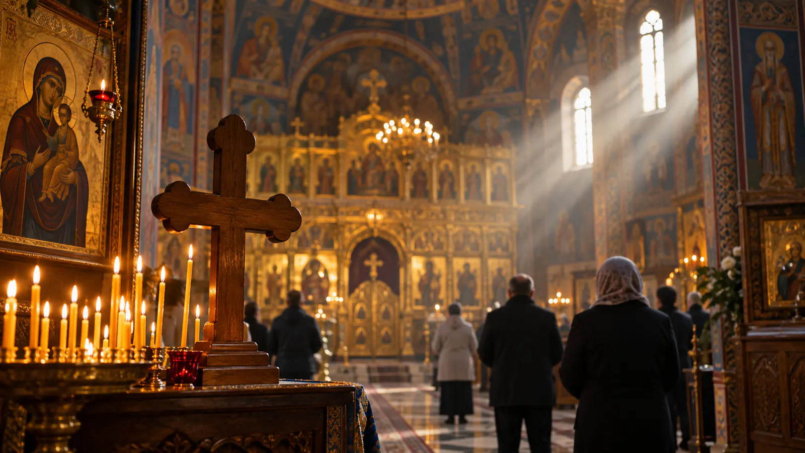 Cruce din lemn luminată de lumânări într-o biserică ortodoxă, în timpul unei slujbe