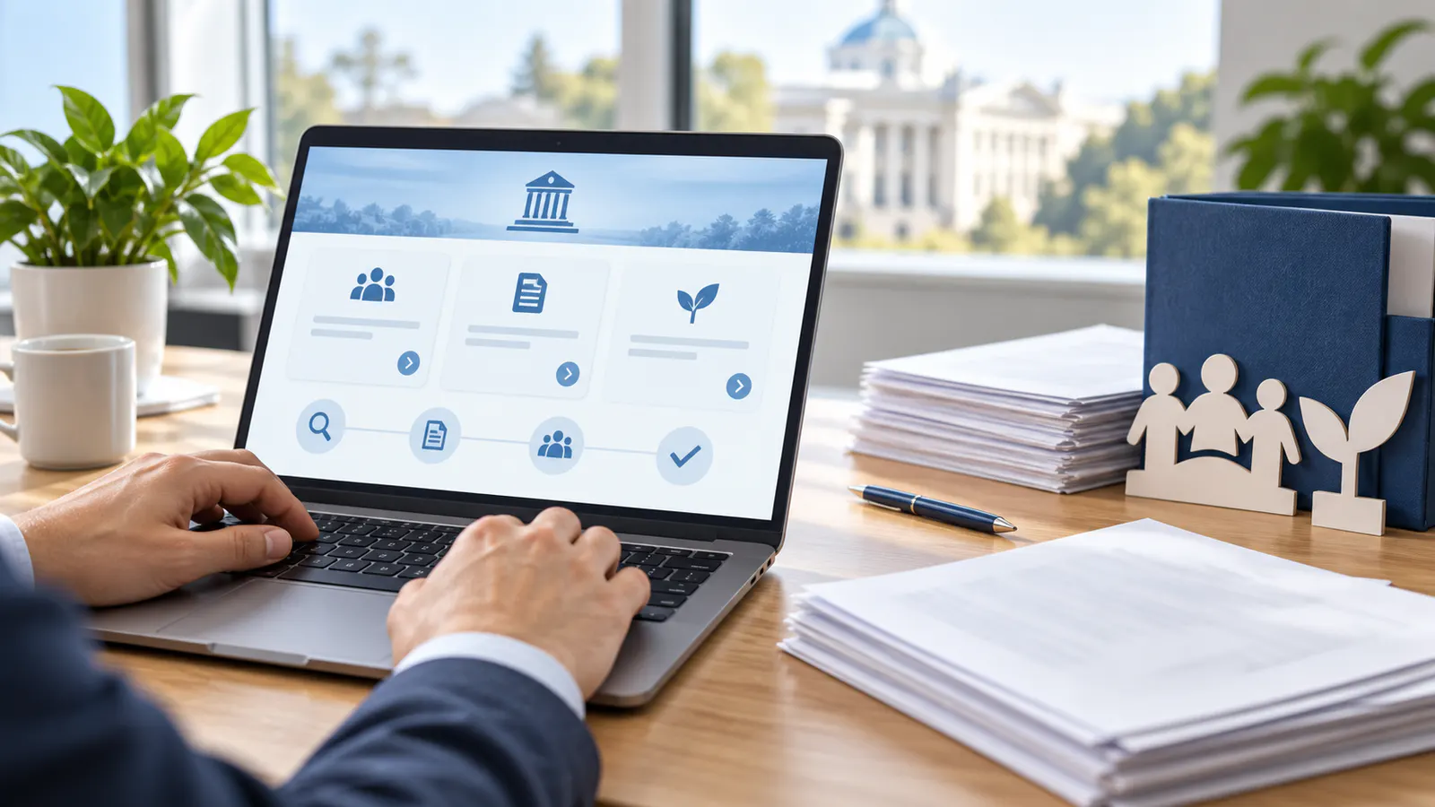 Persoană care folosește pe laptop o interfață digitală abstractă pentru servicii destinate organizațiilor neguvernamentale