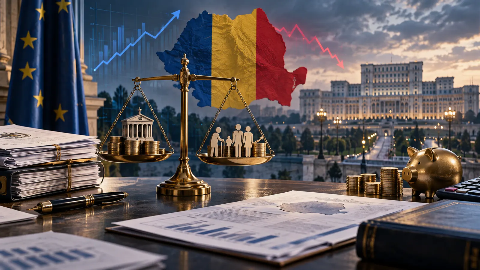 Hartă a României, balanță bugetară și grafice financiare în fața Palatului Parlamentului