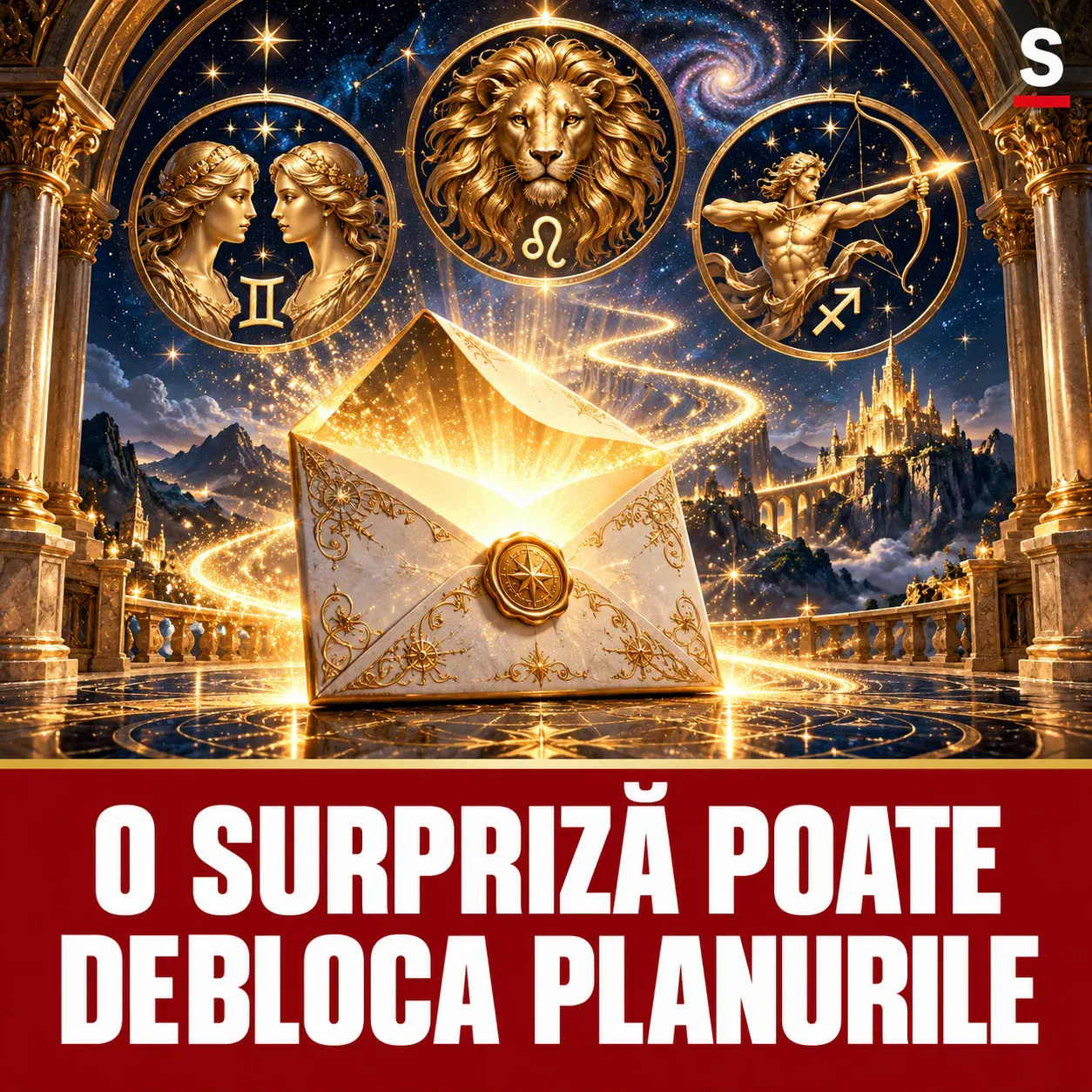 O scrisoare luminoasă trece printr-o poartă aurie, între trei medalioane zodiacale