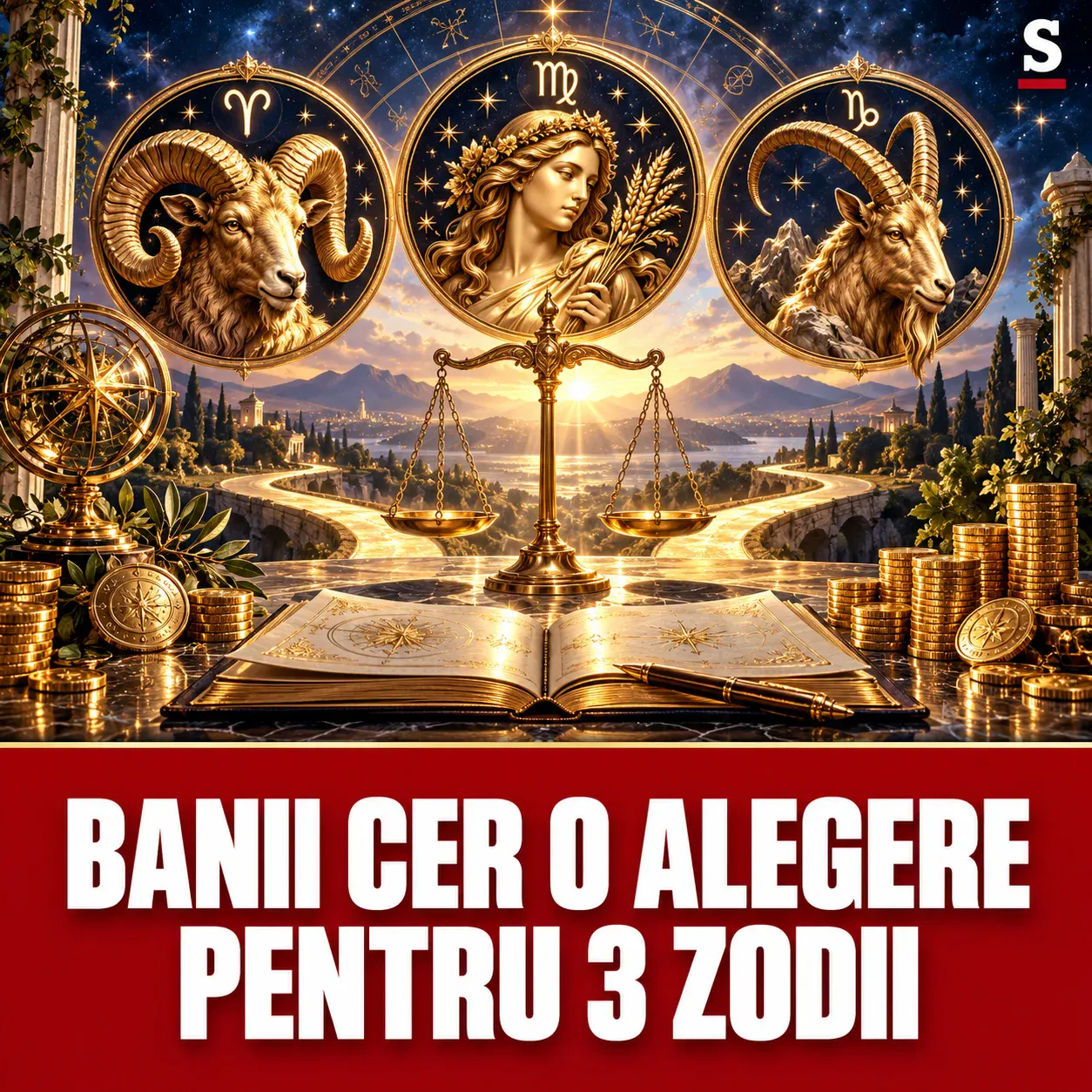 O balanță, un registru și trei medalioane zodiacale lângă o răscruce aurie