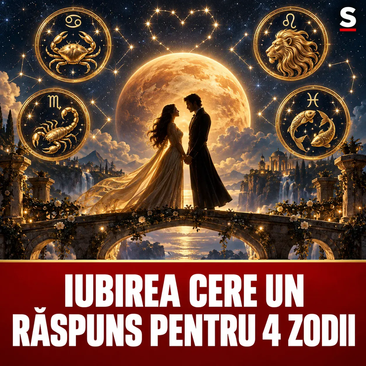 Două siluete pe un pod ceresc și patru medalioane zodiacale aurii