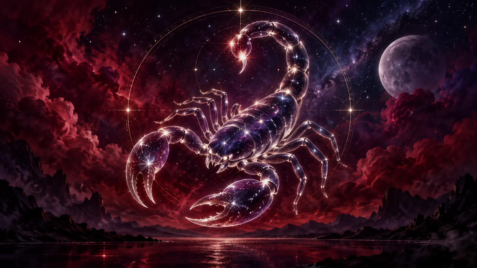 Scorpion ceresc luminos într-un peisaj nocturn vișiniu și violet
