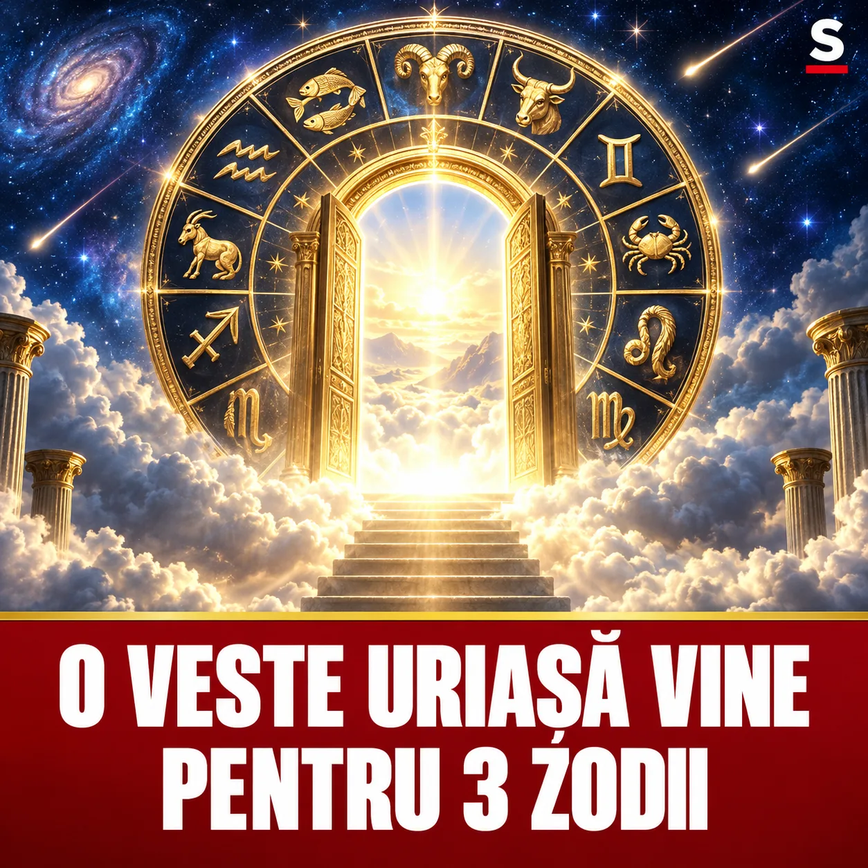 Poartă luminoasă într-o roată zodiacală și mesaj despre vestea primită de trei zodii