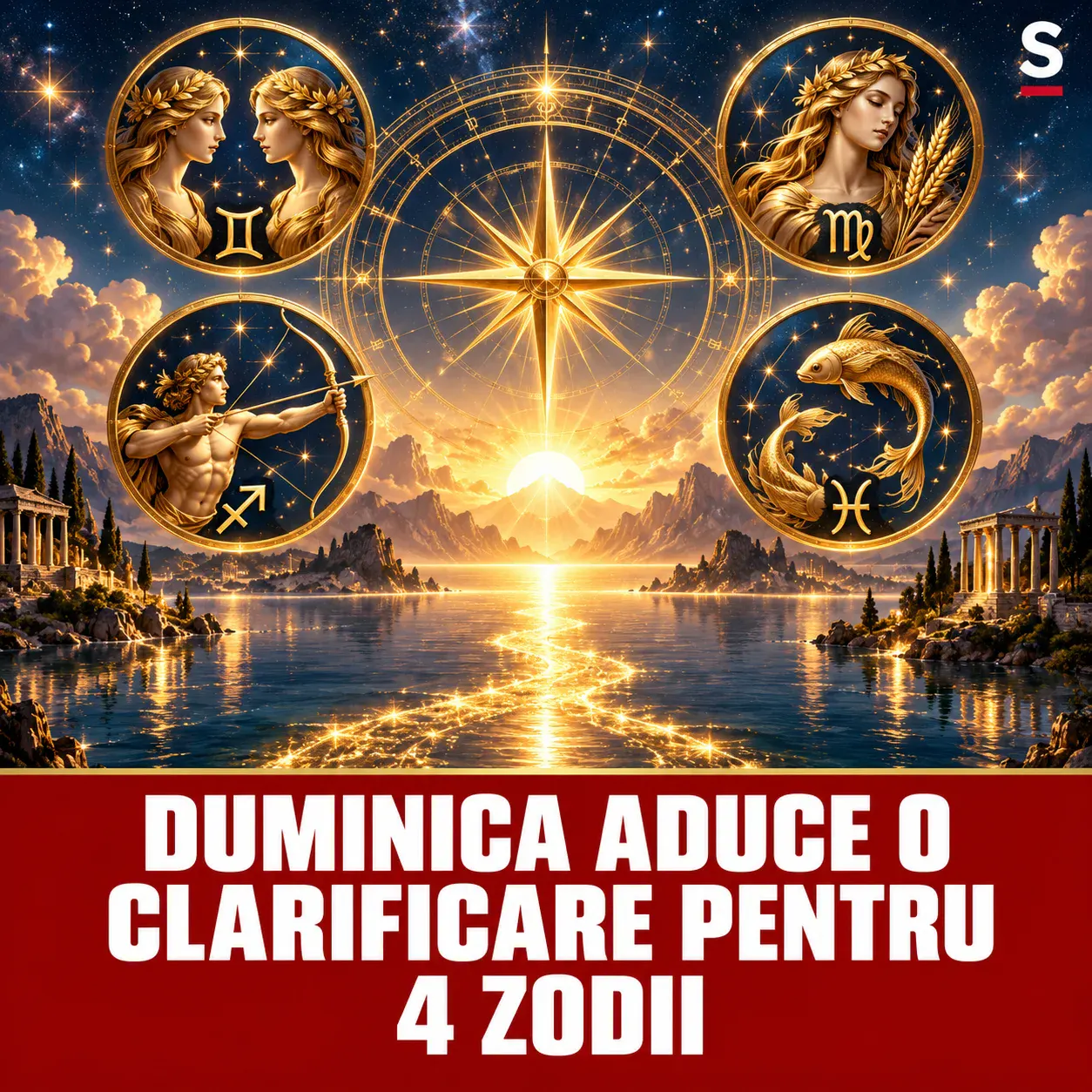 Patru medalioane zodiacale și o busolă aurie deasupra unui lac ceresc luminos
