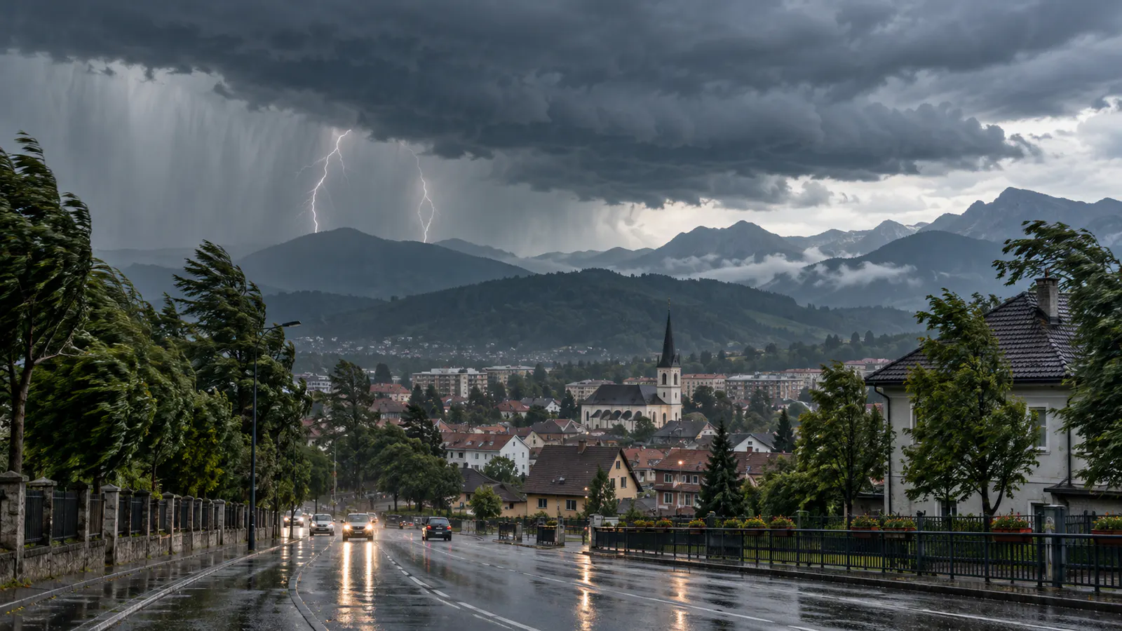 Furtună cu ploaie și descărcări electrice deasupra unui oraș de lângă munți