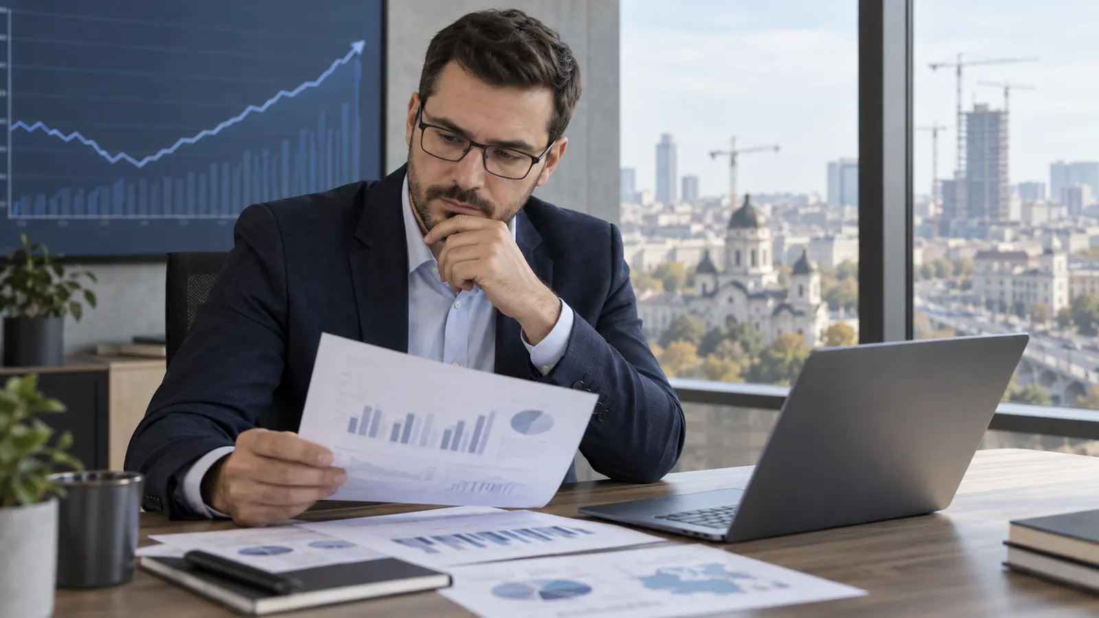 Analist economic care examinează grafice într-un birou cu vedere spre un oraș în dezvoltare