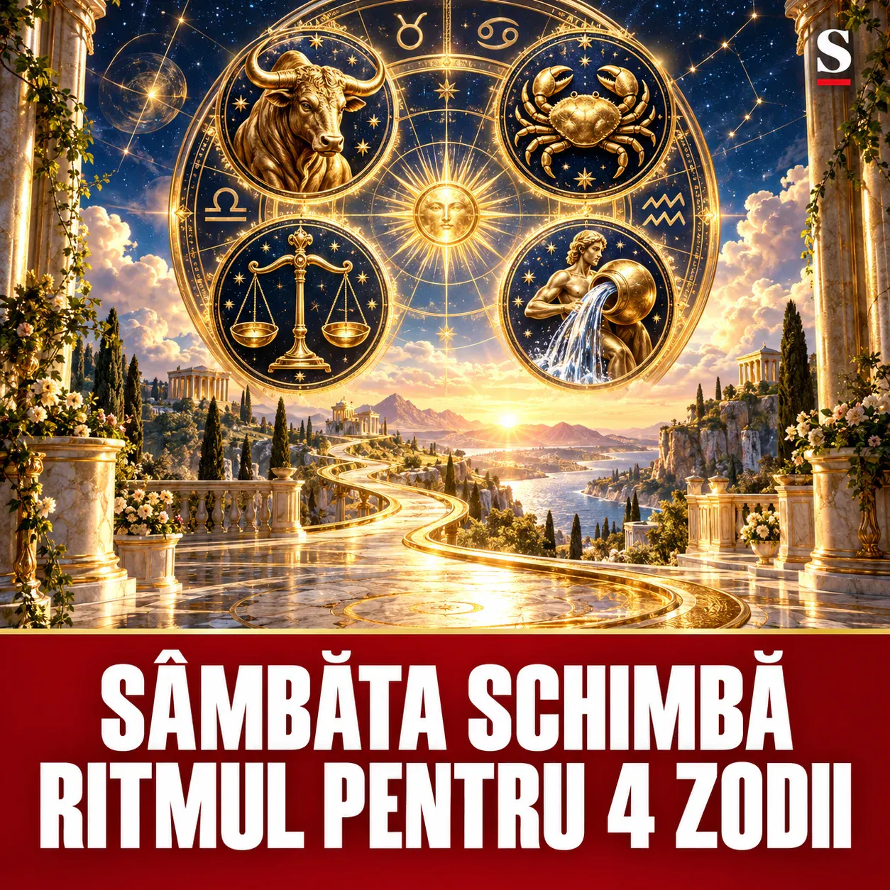 Patru medalioane zodiacale aurii deasupra unui drum luminos la răsărit