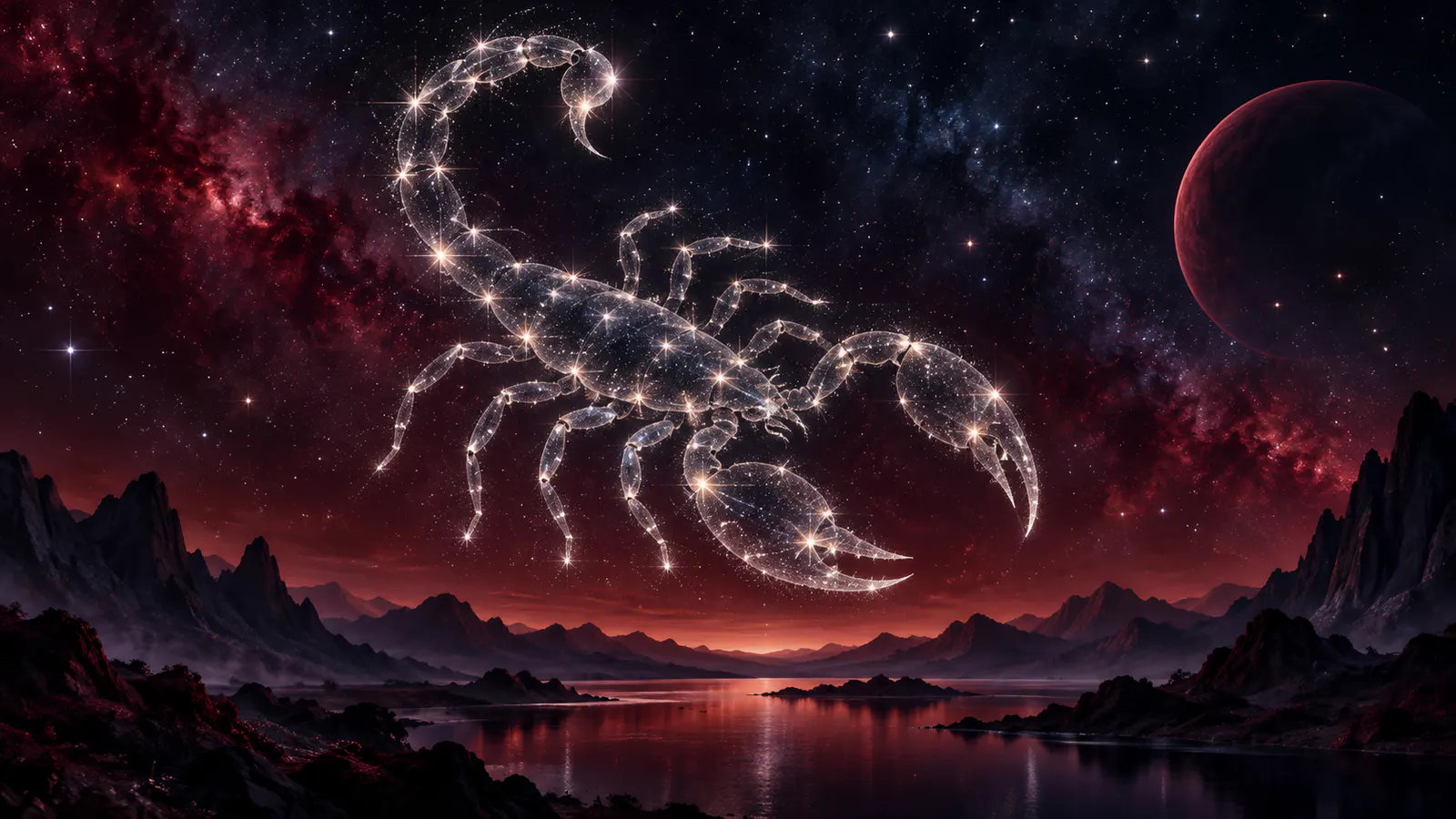 Ilustrație astrologică a constelației Scorpionului într-un cer vișiniu și albastru închis
