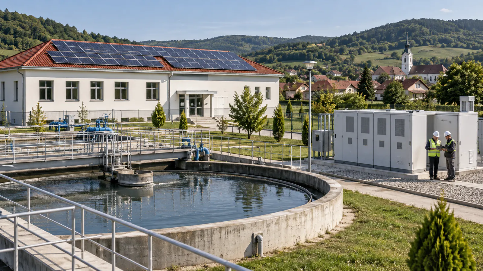 Clădire publică modernă cu panouri solare și instalații de stocare a energiei