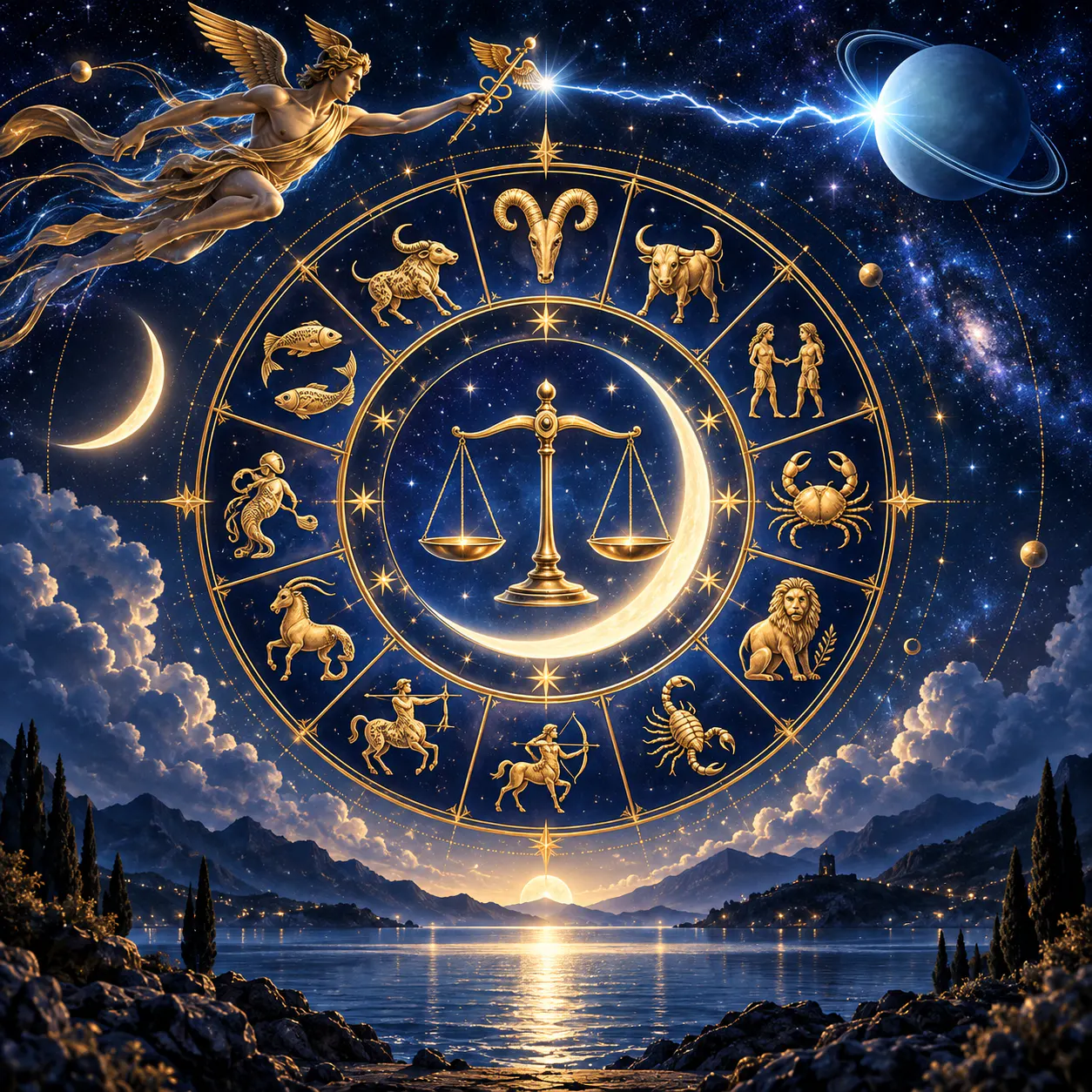 Cerc zodiacal auriu, Luna în Balanță și o rază între Mercur și Uranus pentru 13 septembrie 2026