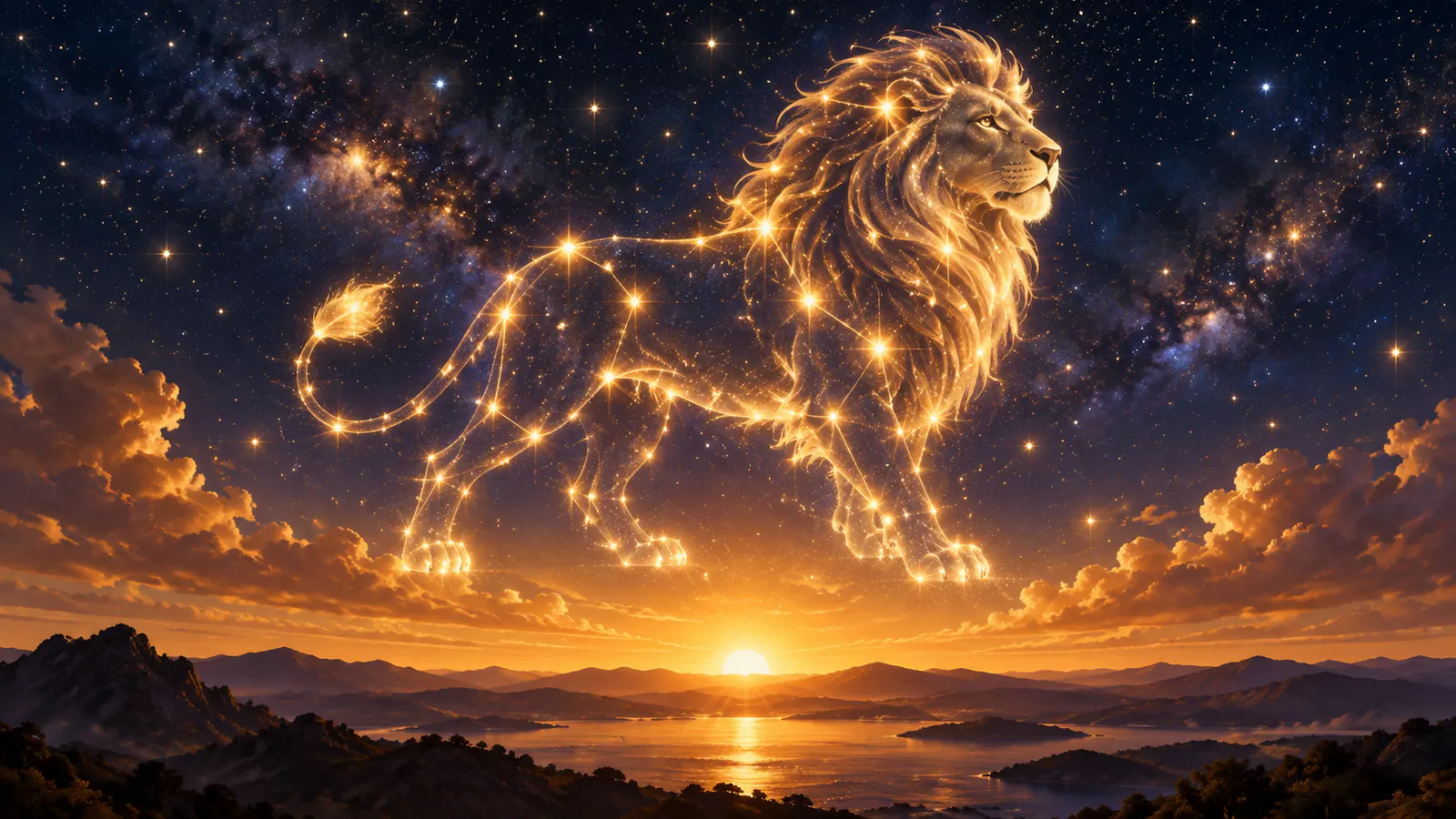 Ilustrație astrologică luminoasă a constelației Leului deasupra unui orizont auriu
