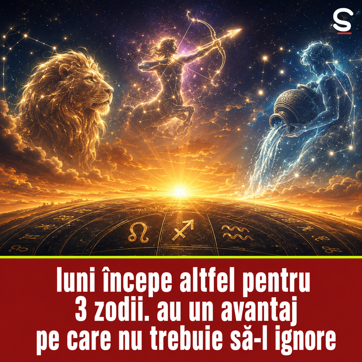 Leul, Săgetătorul și Vărsătorul reprezentați într-un răsărit zodiacal