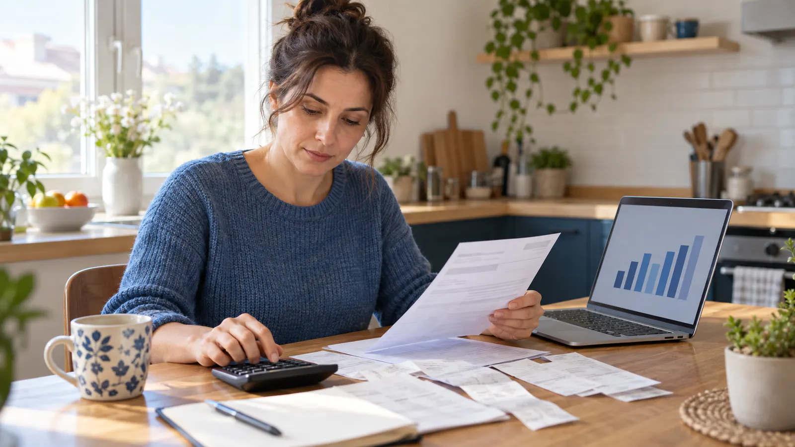 Persoană care compară documente salariale și cheltuieli casnice cu ajutorul unui calculator
