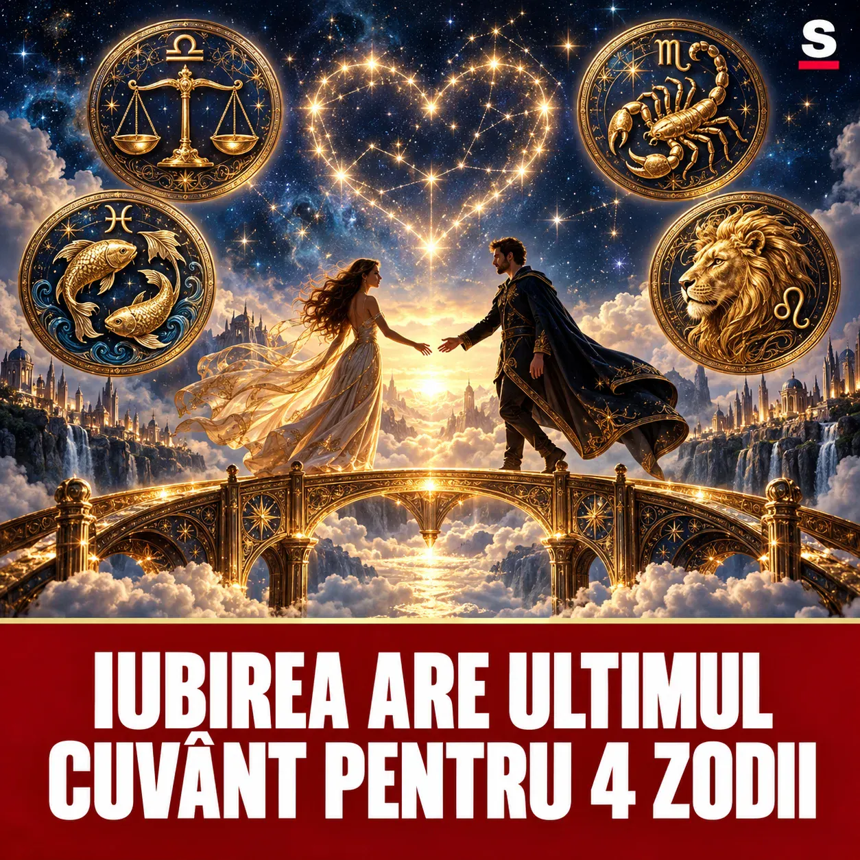 Două siluete pe un pod ceresc, înconjurate de patru medalioane zodiacale