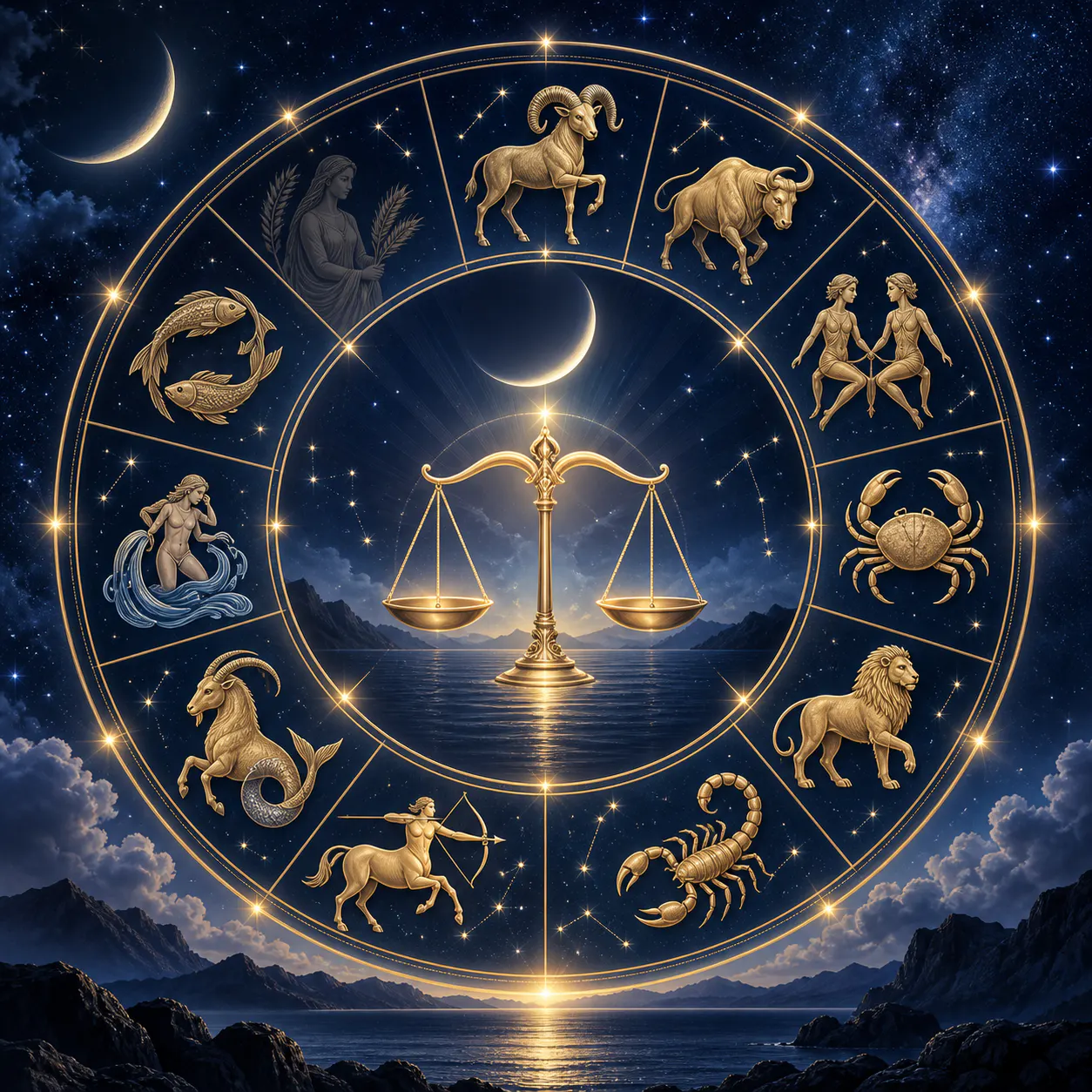 Cerc zodiacal auriu, Lună tânără și balanță pentru horoscopul din 12 septembrie 2026