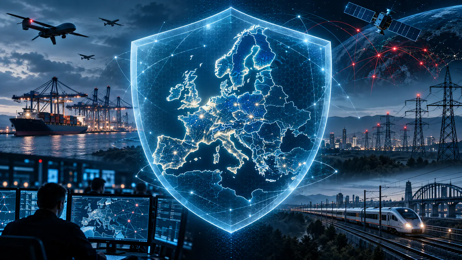 Hartă digitală a Europei protejată de un scut, alături de rețele energetice, porturi și drone