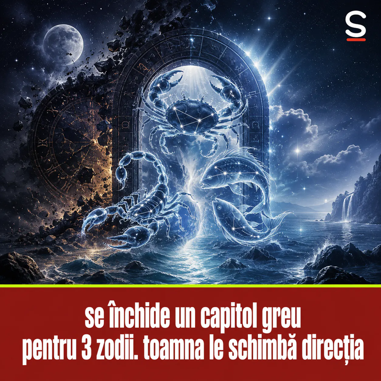 Racul, Scorpionul și Peștii trec printr-o poartă zodiacală luminată