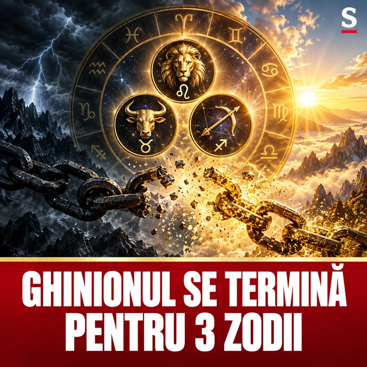 Lanțuri rupte între furtună și răsărit, alături de trei simboluri zodiacale