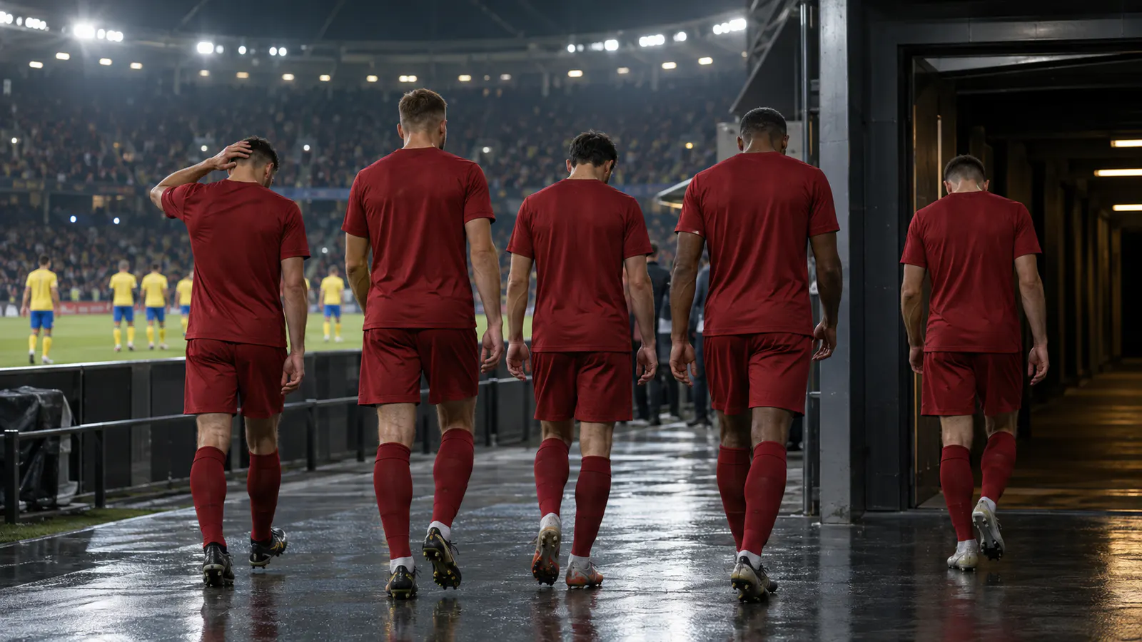 Jucători în echipament roșu părăsind terenul după un meci de fotbal disputat în nocturnă