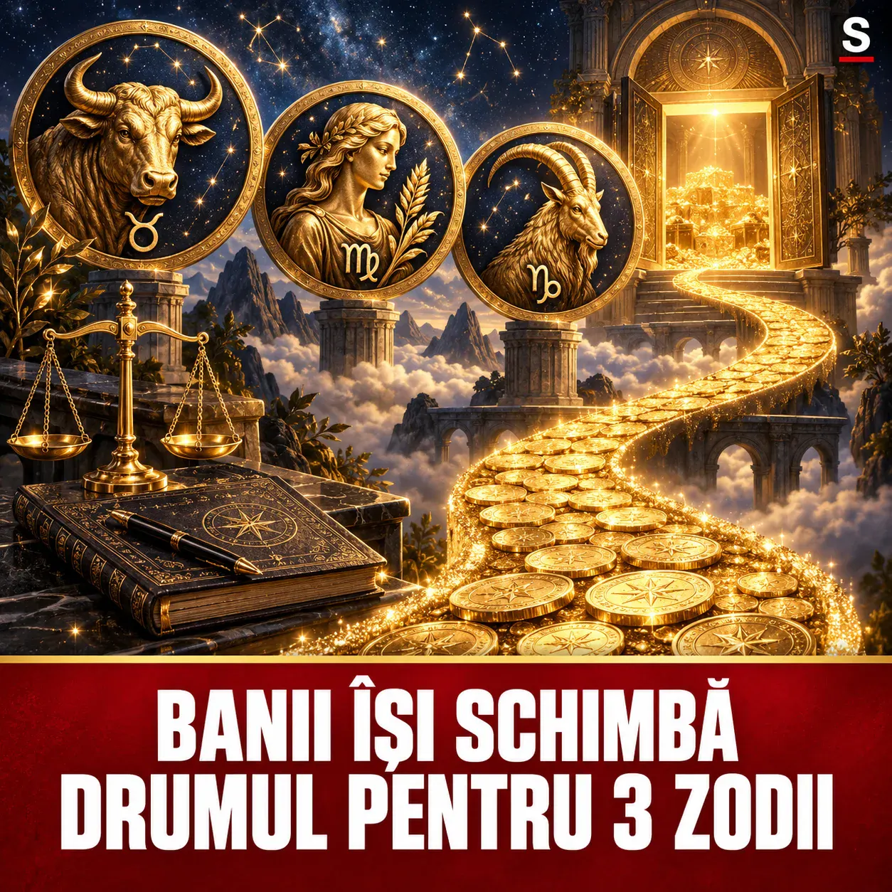 Trei simboluri zodiacale, o balanță și un drum auriu din monede