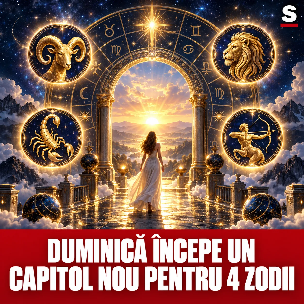 Patru medalioane zodiacale în jurul unei porți luminoase