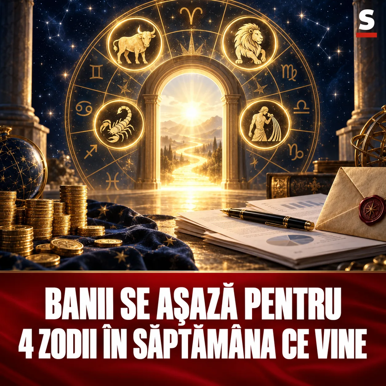 Poartă zodiacală, documente, monede și patru simboluri