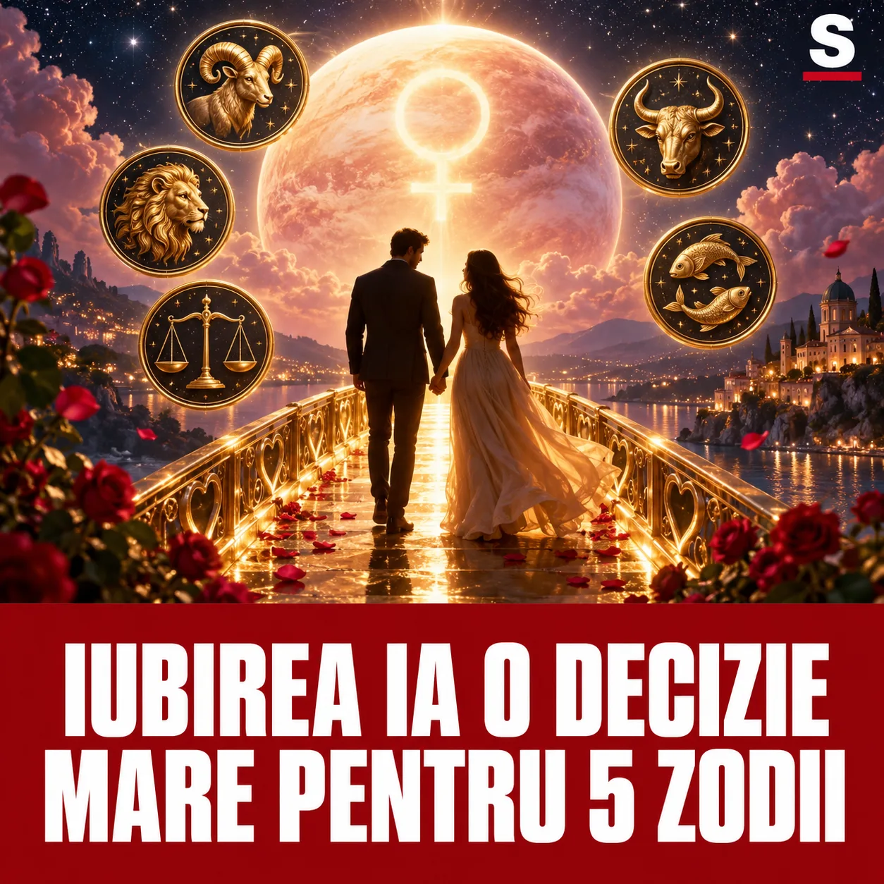 Cuplu pe un pod auriu sub Venus și cinci simboluri zodiacale
