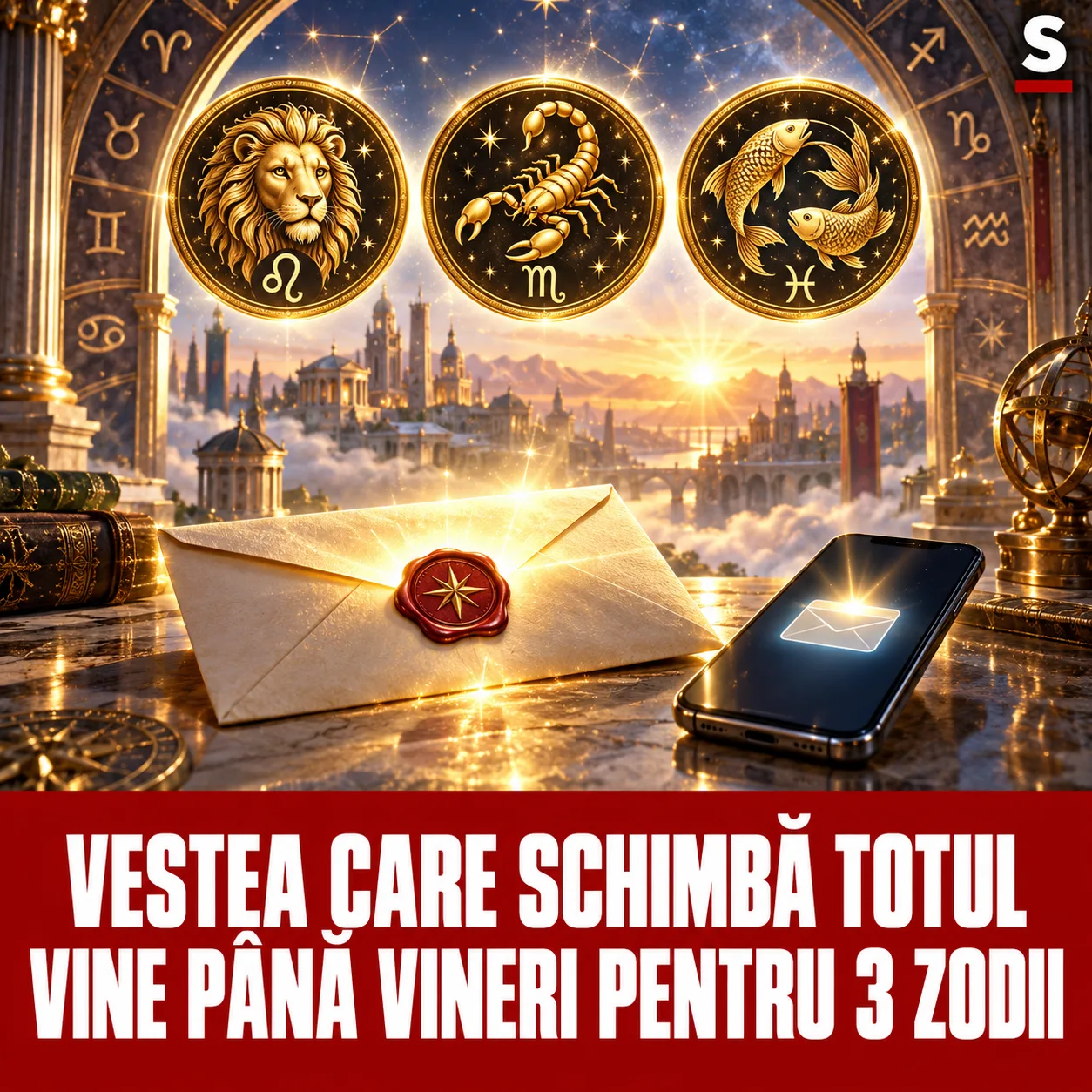 Scrisoare luminoasă, telefon și trei medalioane zodiacale