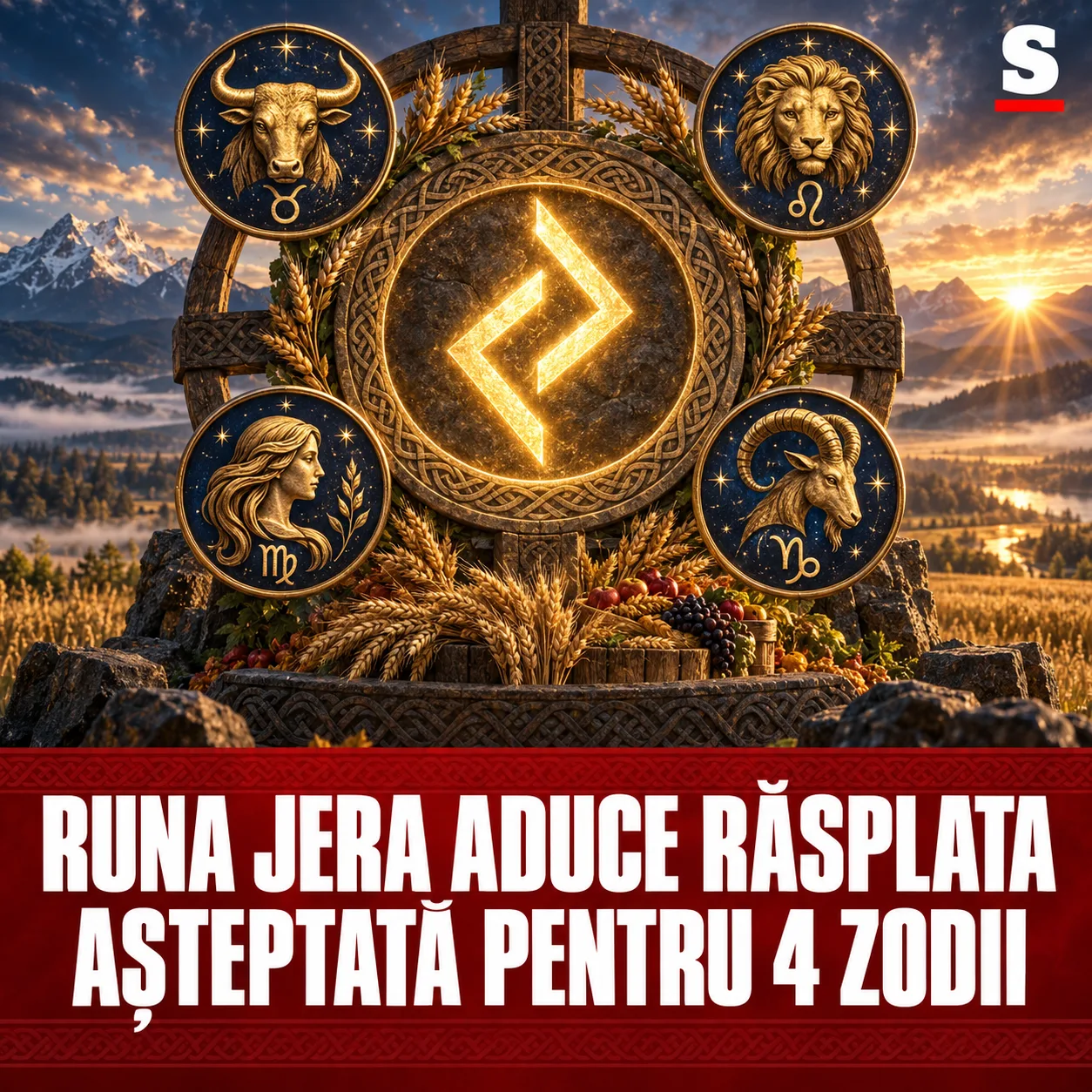 Rună Jera luminoasă, roată a recoltei și patru simboluri zodiacale