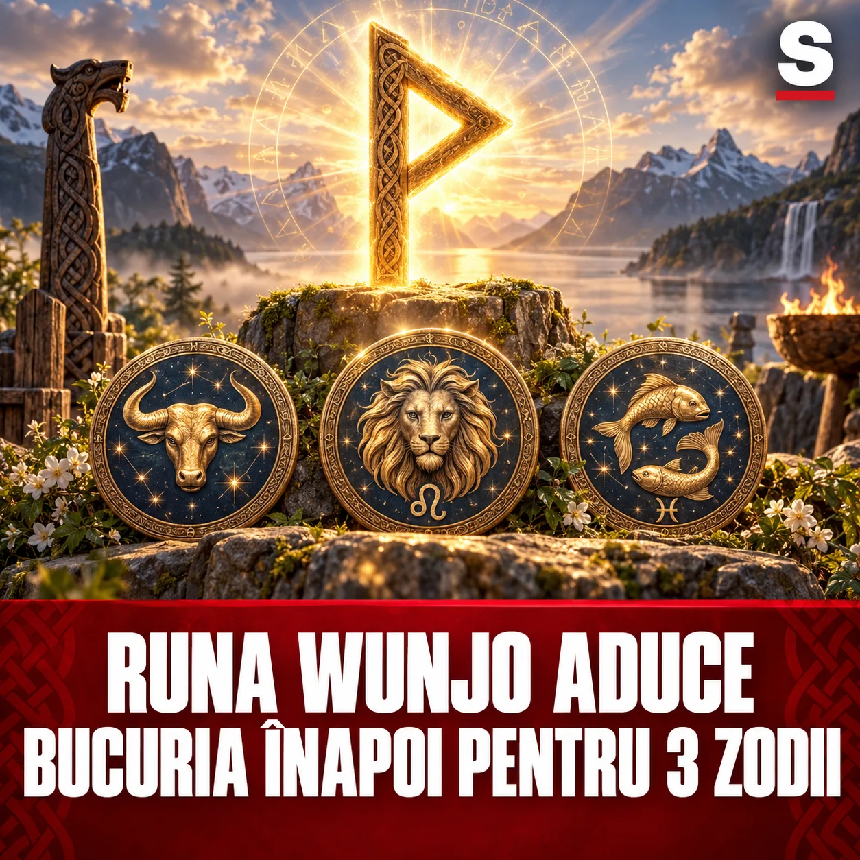 Rună Wunjo aurie și trei medalioane zodiacale într-un peisaj luminos