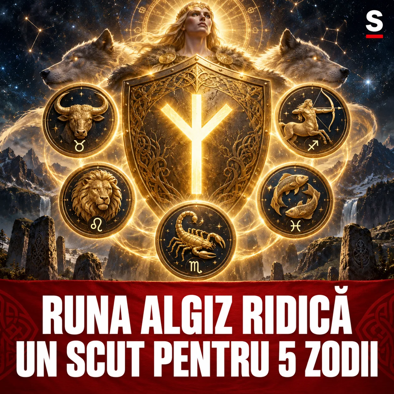 Rună Algiz într-un scut auriu și cinci simboluri zodiacale