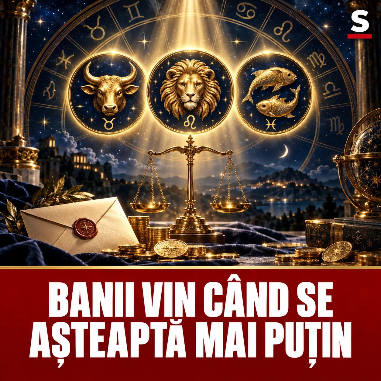 Trei simboluri zodiacale, balanță și monede aurii sub mesajul Banii vin când se așteaptă mai puțin