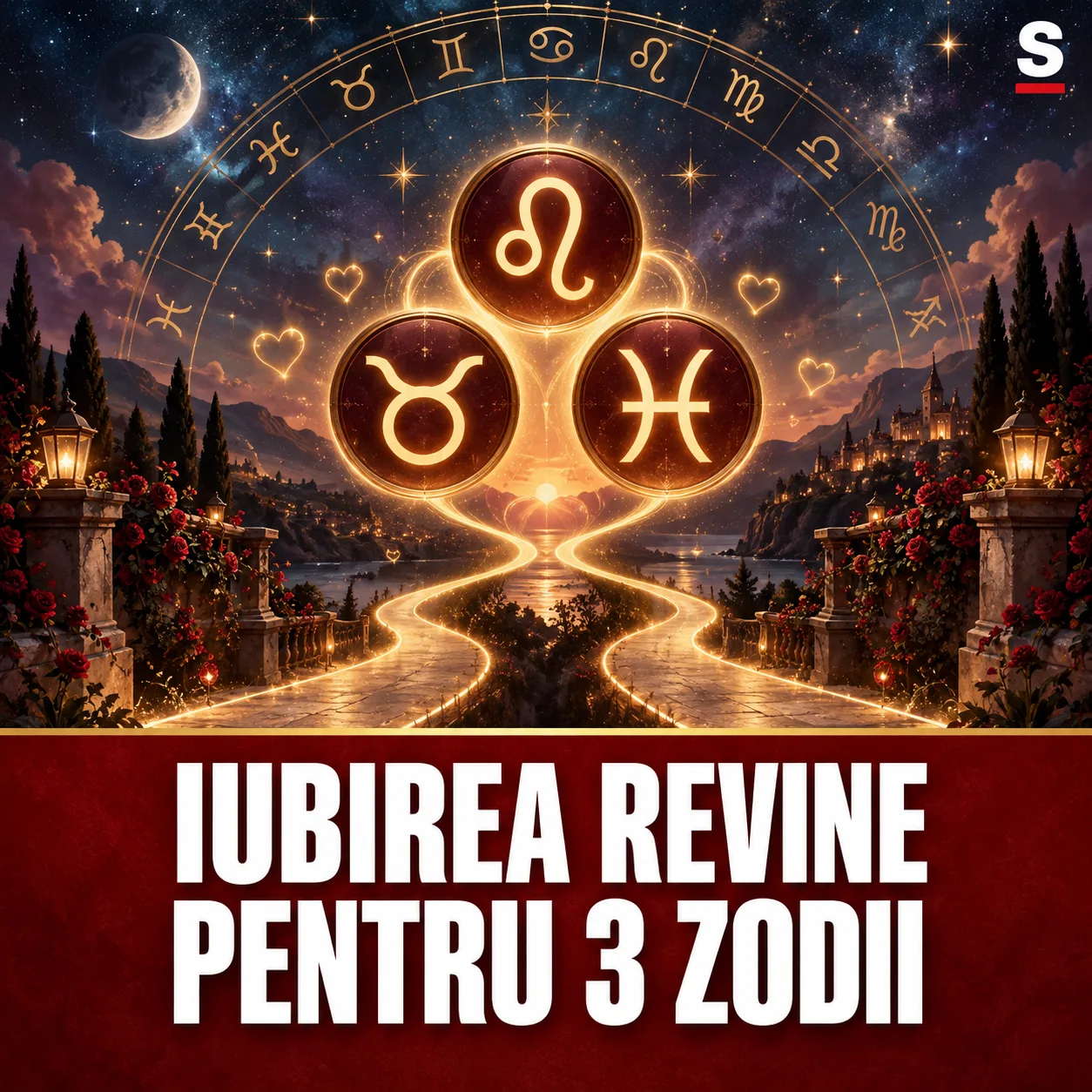 Trei simboluri zodiacale și două drumuri luminoase care se întâlnesc sub mesajul Iubirea revine