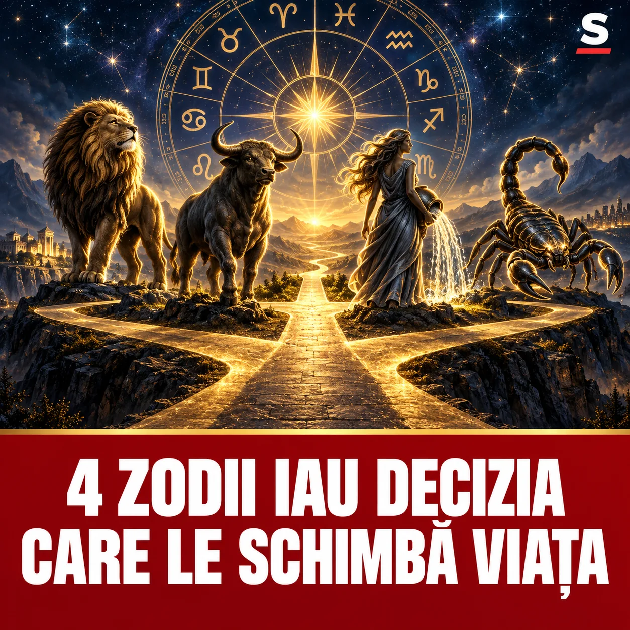 Patru simboluri zodiacale la o răscruce aurie și mesaj despre decizia care schimbă viața