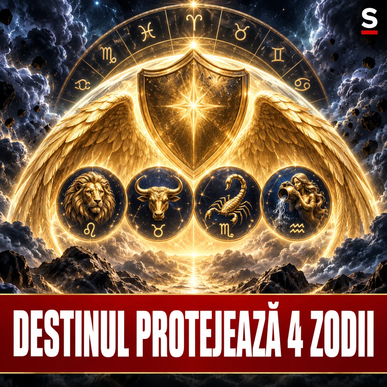 Scut cu aripi aurii și patru simboluri zodiacale sub mesajul Destinul protejează 4 zodii