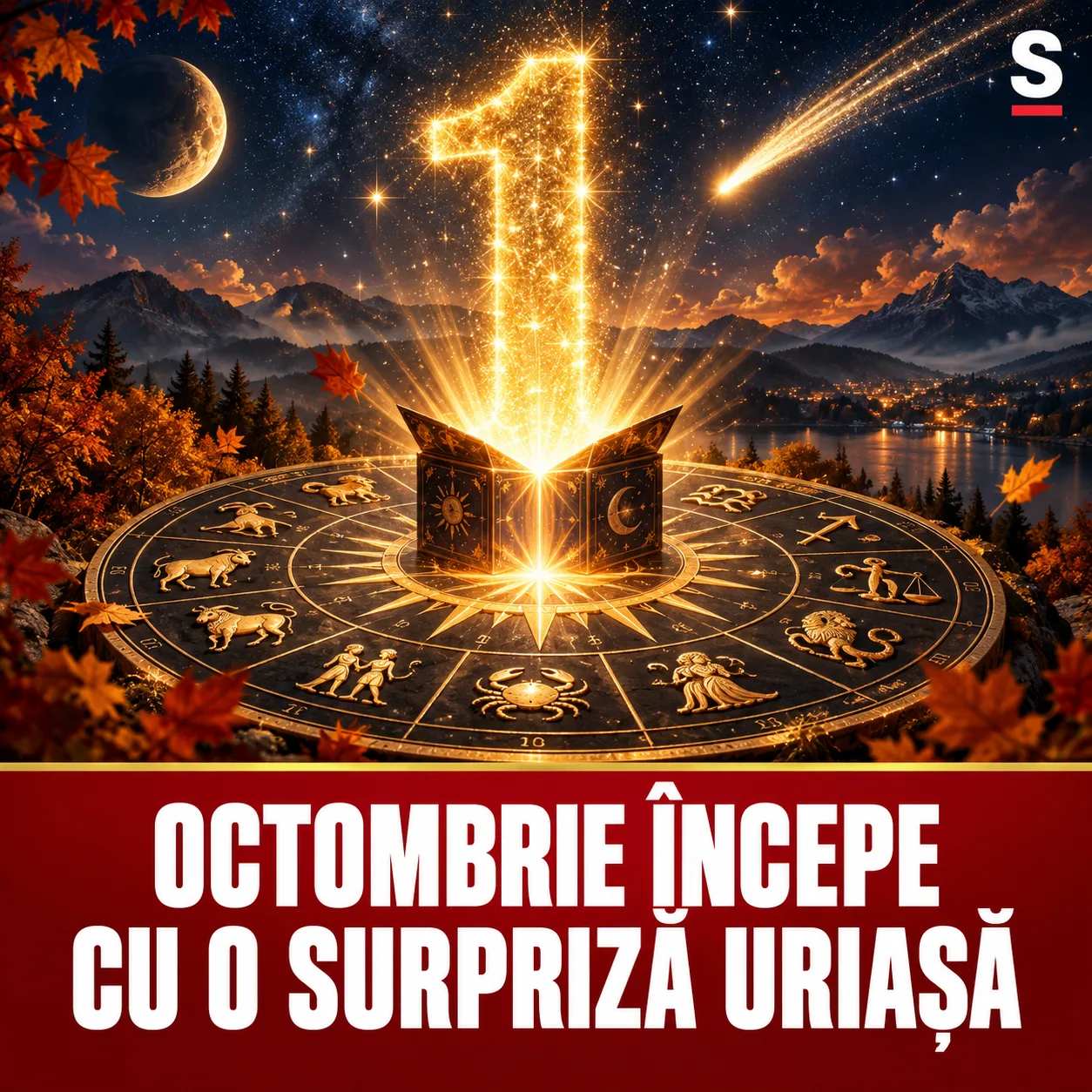 Cifră unu aurie ieșind dintr-o cutie pe roata zodiacală și mesaj despre surpriza din octombrie