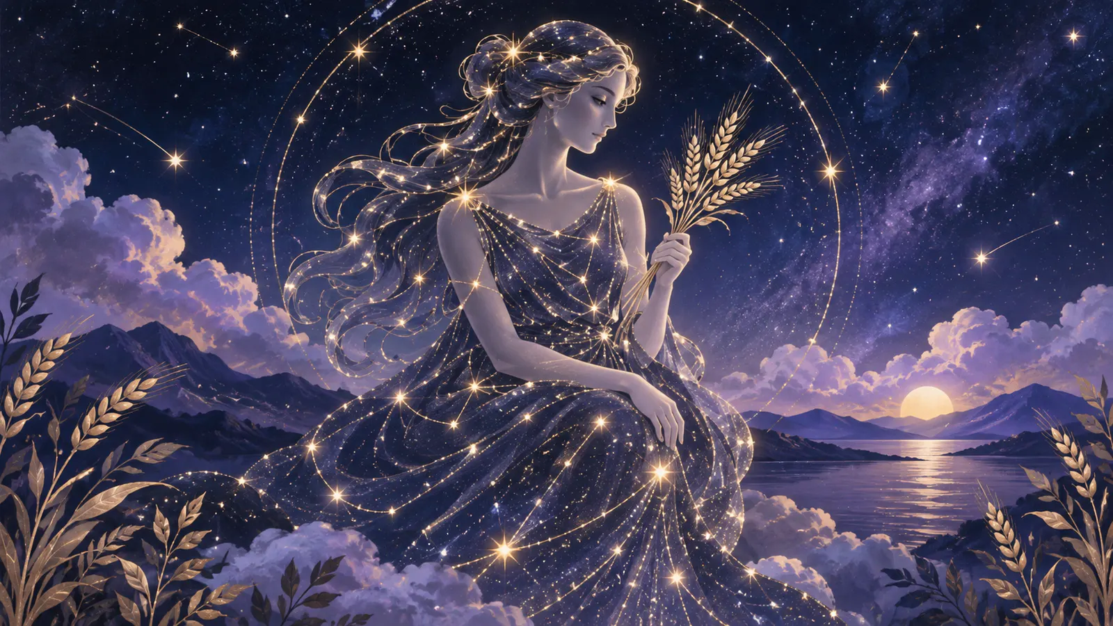 Ilustrație astrologică a constelației Fecioarei într-un cer albastru și violet