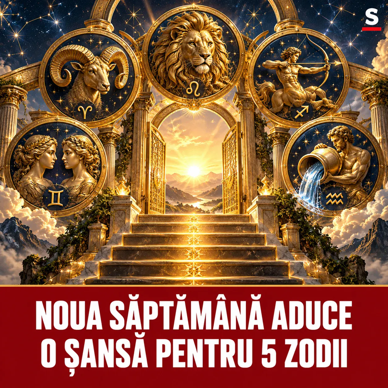 Cinci semne zodiacale și o scară luminoasă spre o poartă aurie deschisă