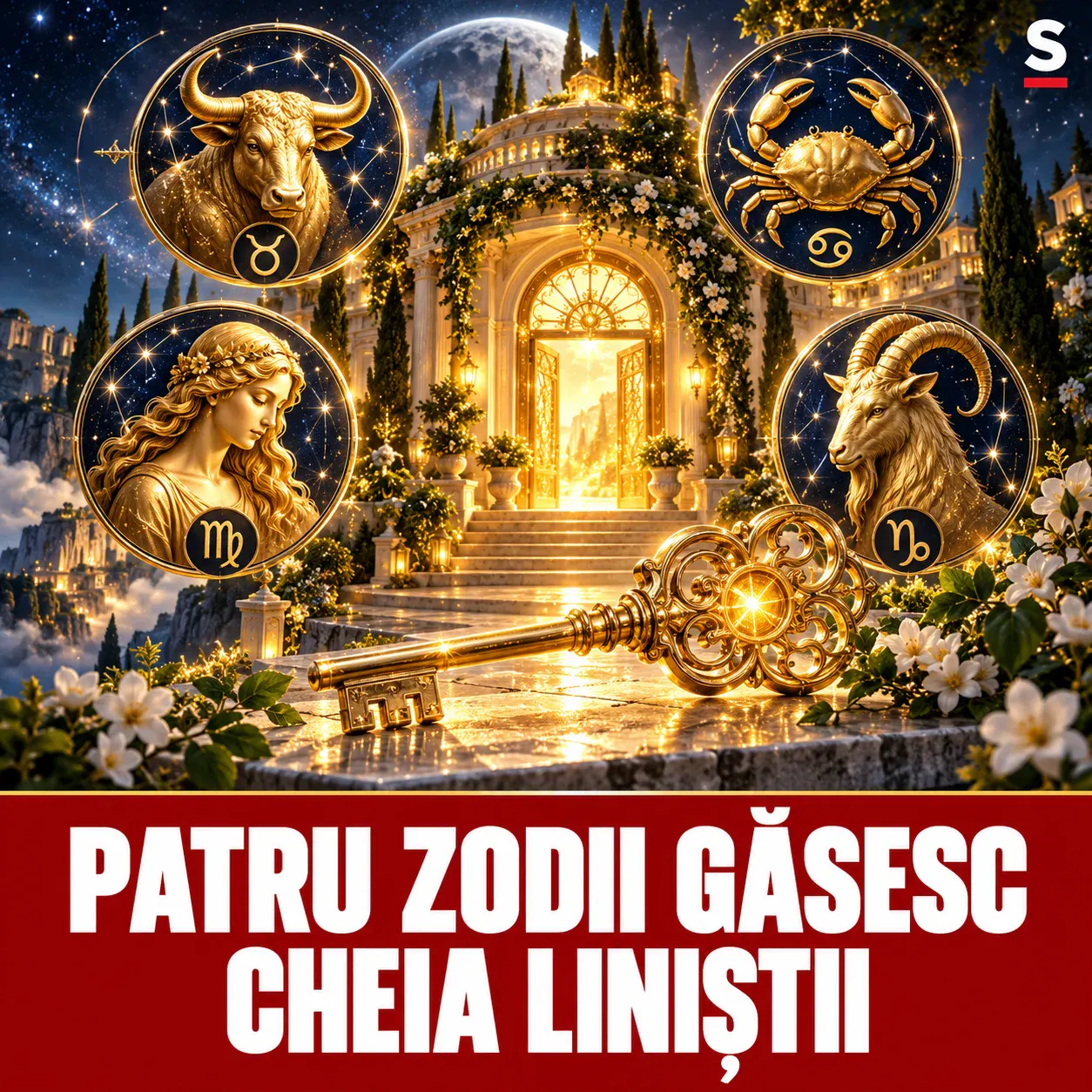 O casă cerească luminată, o cheie aurie și patru medalioane zodiacale
