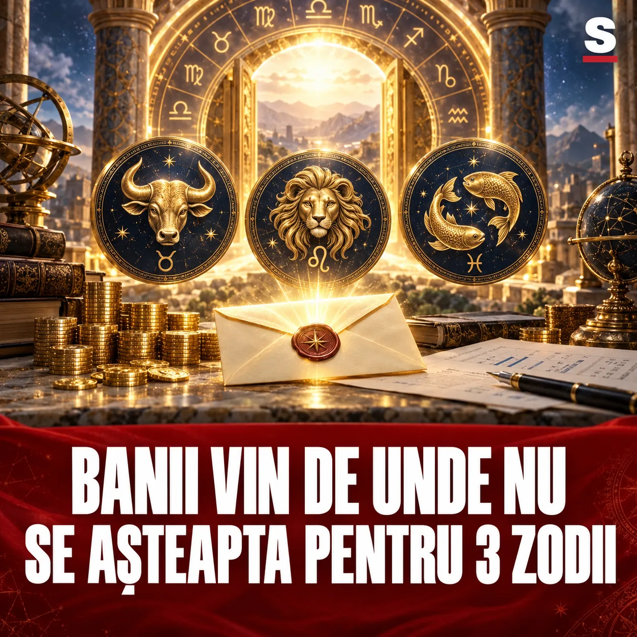 Poartă zodiacală, monede, documente și trei simboluri