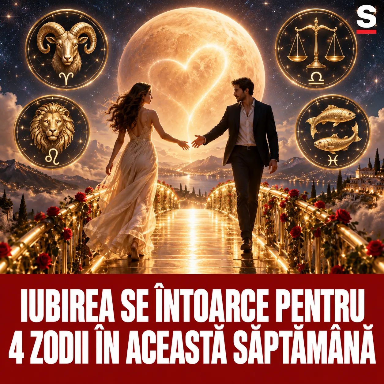 Cuplu apropiindu-se pe un pod sub Venus și patru simboluri