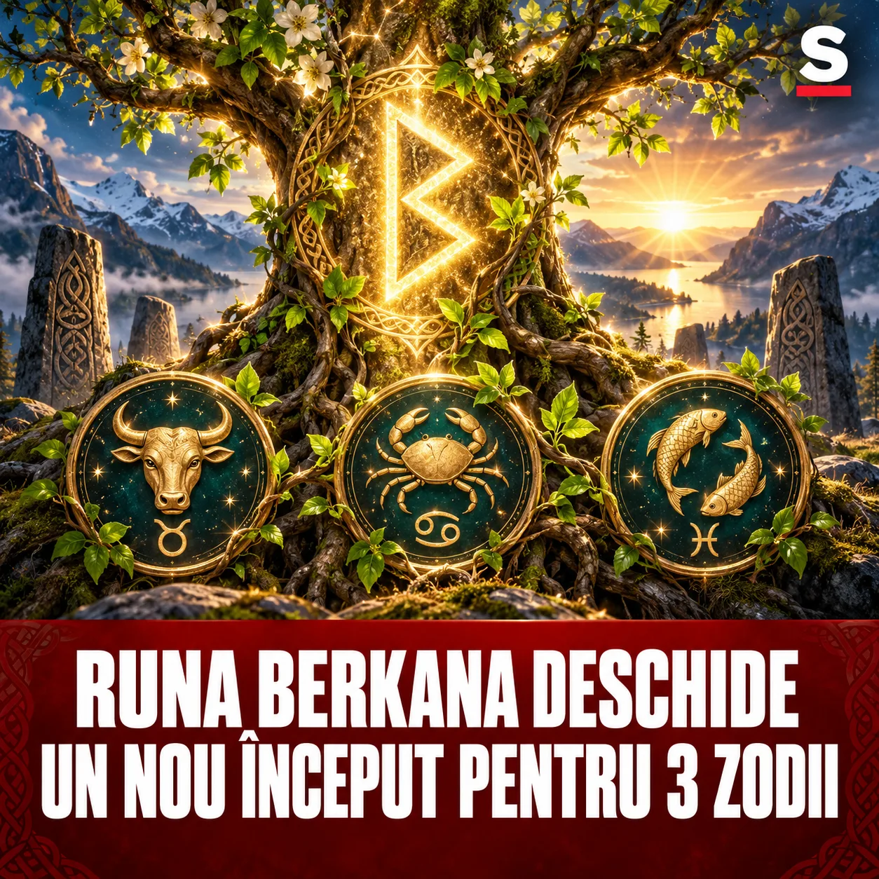 Rună Berkana într-un copac auriu și trei simboluri zodiacale
