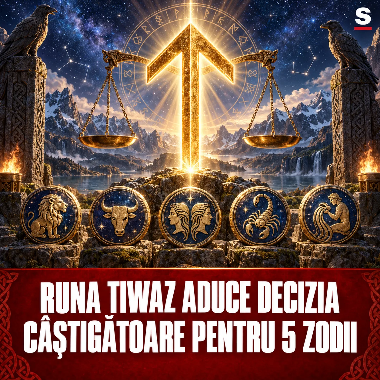 Rună Tiwaz aurie, balanță și cinci medalioane zodiacale