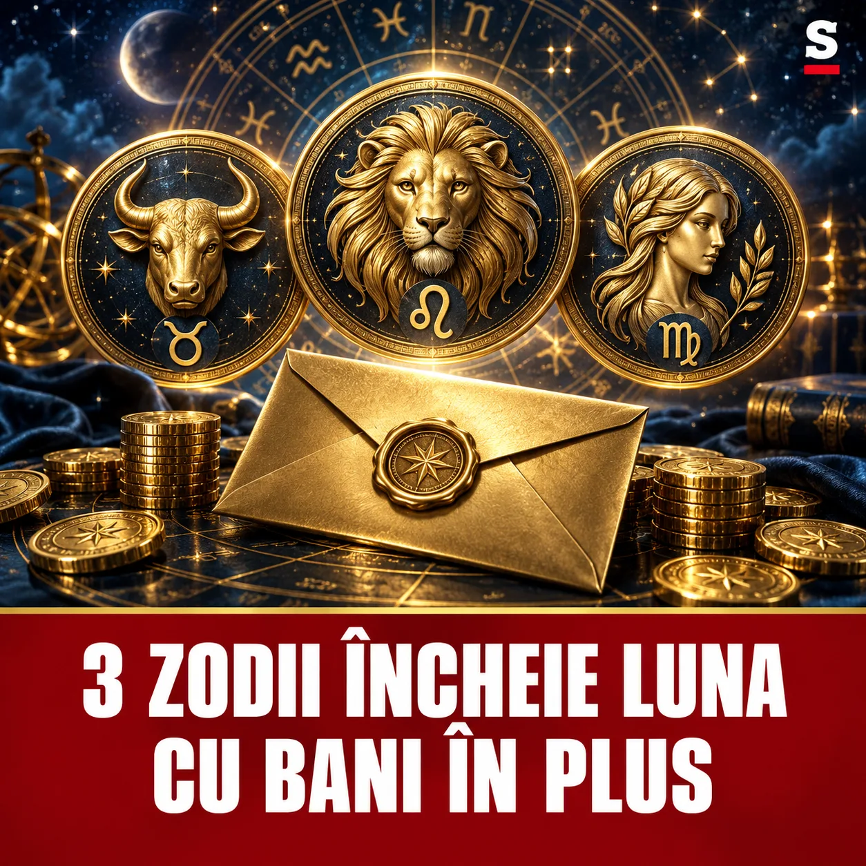 Trei simboluri zodiacale, monede și un plic auriu sub mesajul despre bani în plus