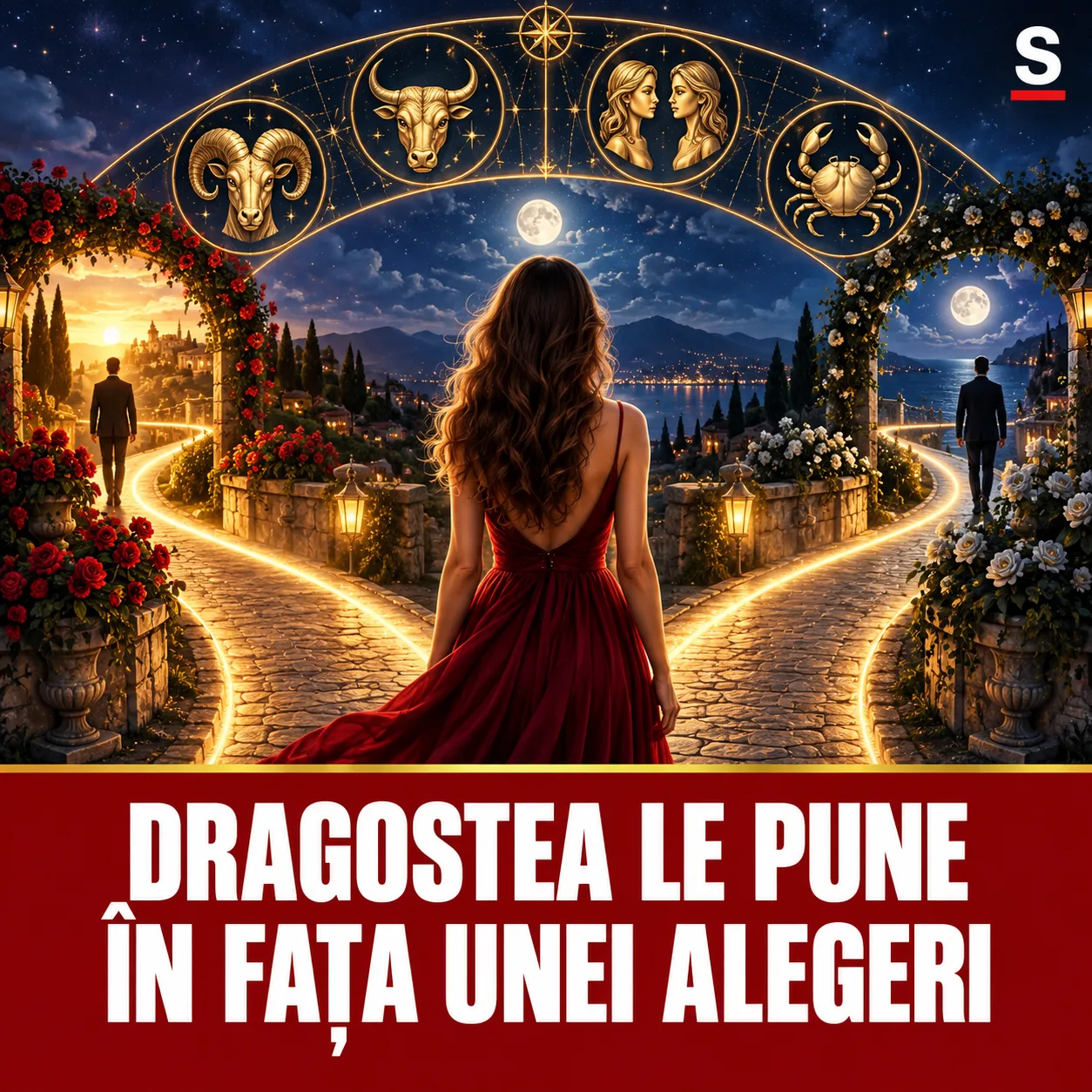 Femeie la răscruce romantică sub o arcadă zodiacală și mesaj despre alegere