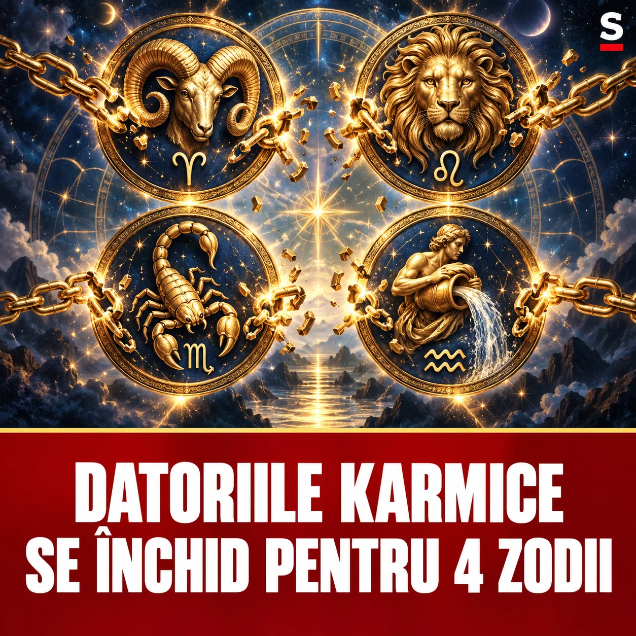 Patru simboluri zodiacale rupând lanțuri aurii sub mesajul despre datorii karmice