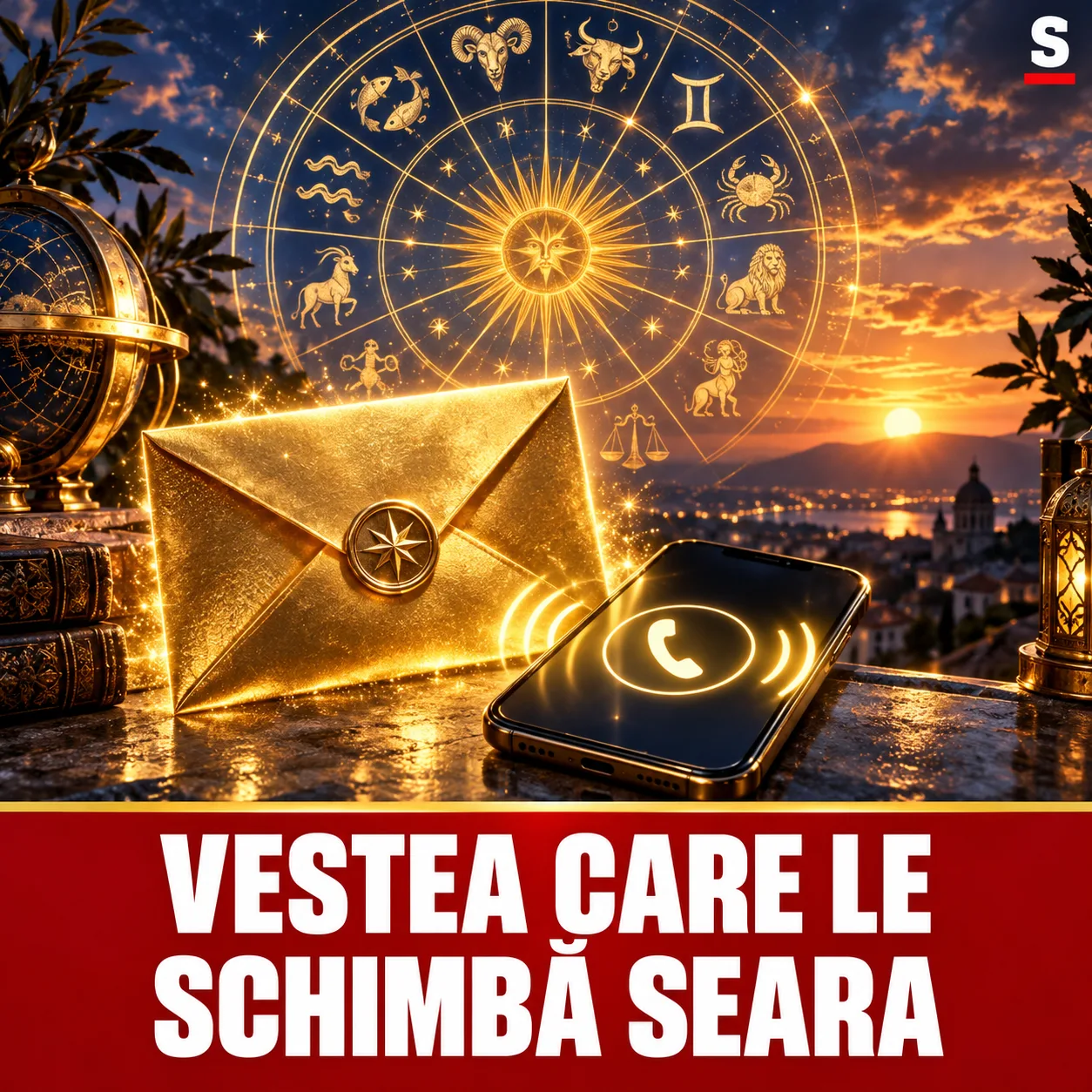 Plic auriu și telefon luminos la apus în fața zodiacului
