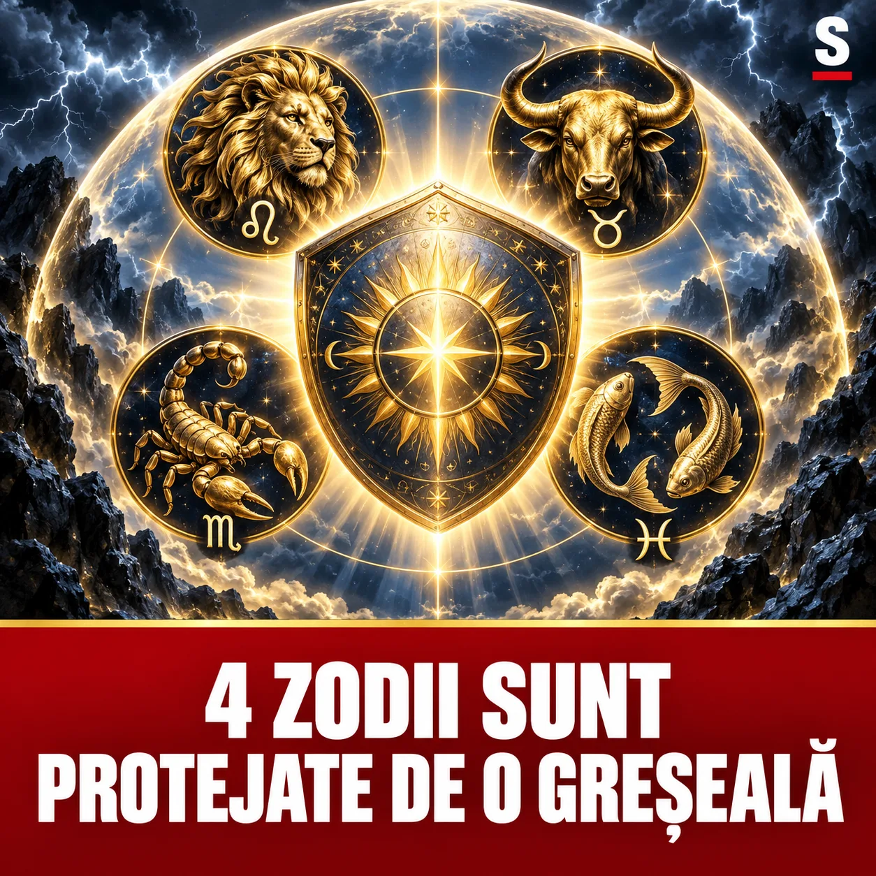 Scut auriu și patru simboluri zodiacale în mijlocul unei furtuni